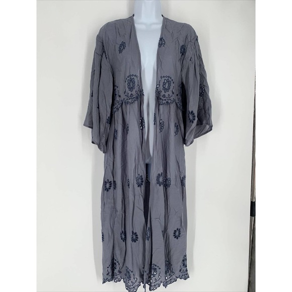American Eagle Duster XS S Festival Kimono Long Eyelets Boho Beach Cover Up Blue - Picture 1 of 8